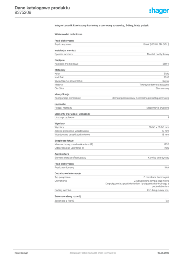 Zdjęcie Hager Dane katalogowe produktu 9375209 | Hager Polska