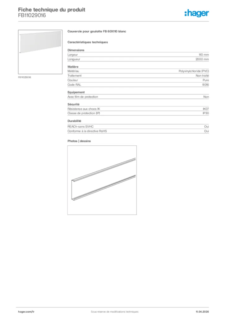 Image Hager Fiche technique du produit FB11029016 | Hager France