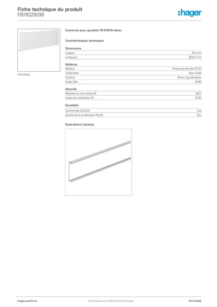 Image Hager Fiche technique du produit FB11029016 | Hager Belgique