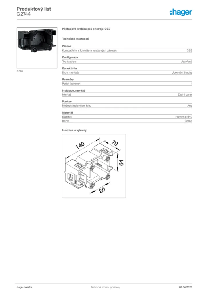 Obrázek Hager Product data sheet G2744 | Hager