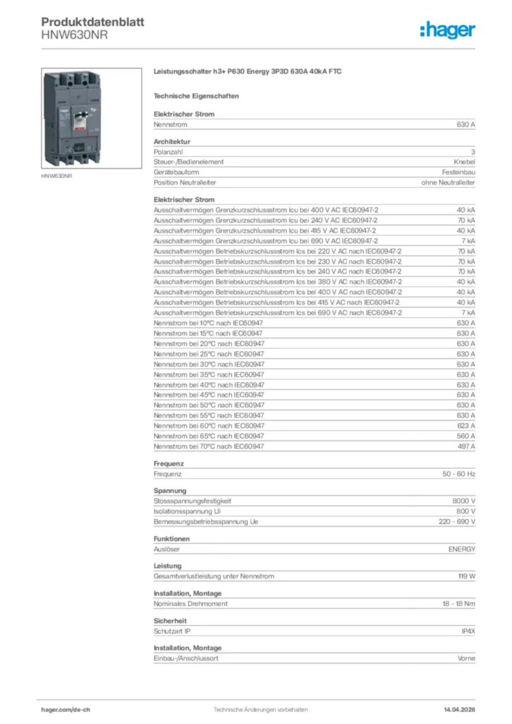 Bild Hager Produktdatenblatt HNW630NR | Hager Schweiz