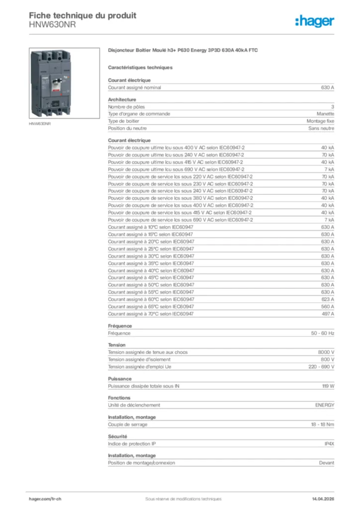 Image Hager Fiche technique du produit HNW630NR | Hager Suisse