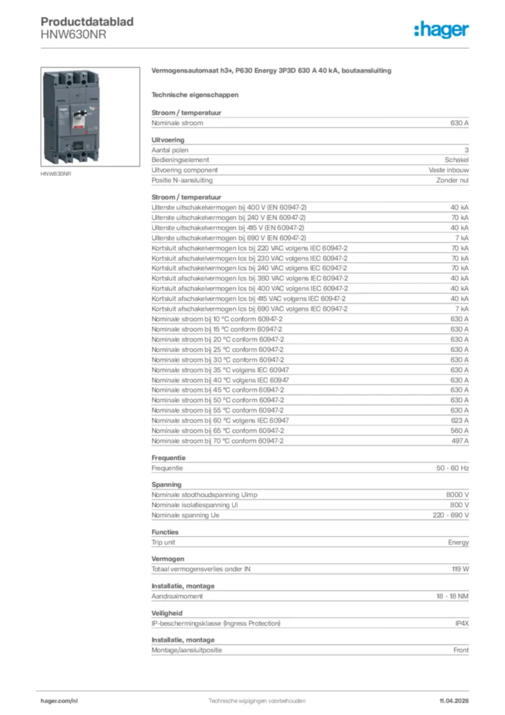 Afbeelding Hager Productdatablad HNW630NR | Hager Nederland