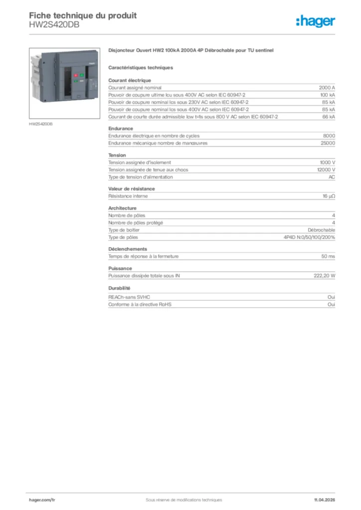 Image Hager Fiche technique du produit HW2S420DB | Hager France