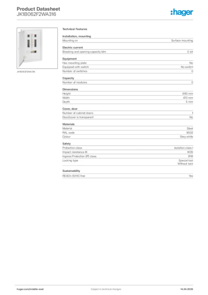 Image Hager Product data sheet JK1B062F2WA316  | Hager