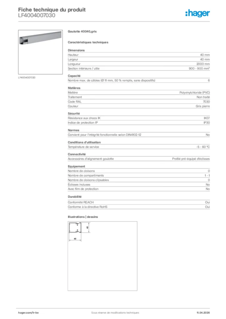 Image Hager Fiche technique du produit LF4004007030 | Hager Belgique