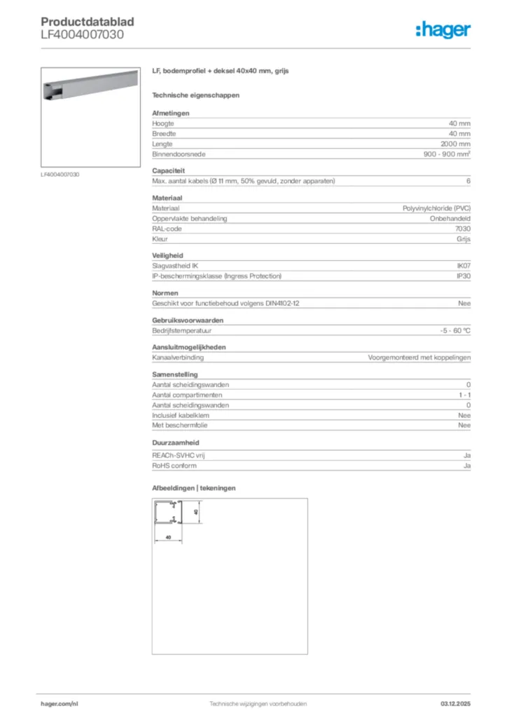 Afbeelding Hager Productdatablad LF4004007030 | Hager Nederland