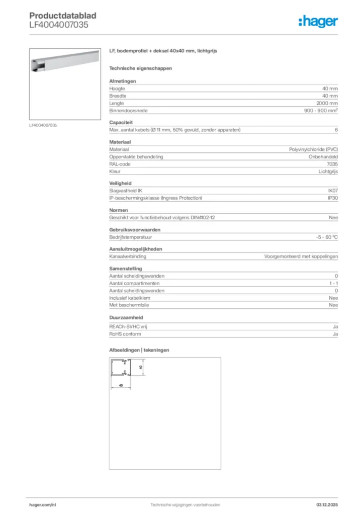 Afbeelding Hager Productdatablad LF4004007035 | Hager Nederland