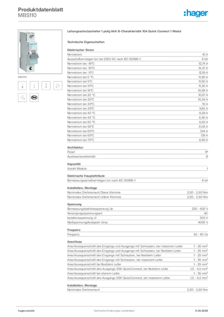 Bild Hager Produktdatenblatt MBS110 | Hager Deutschland