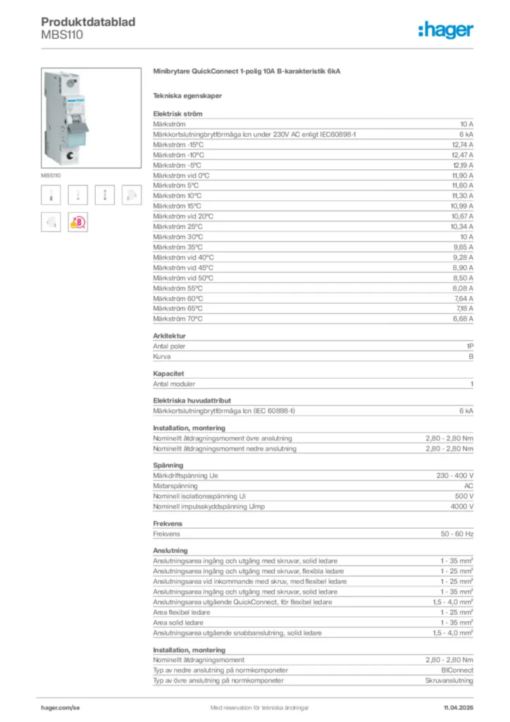 Bild Hager Produktdatablad MBS110 | Hager Sverige