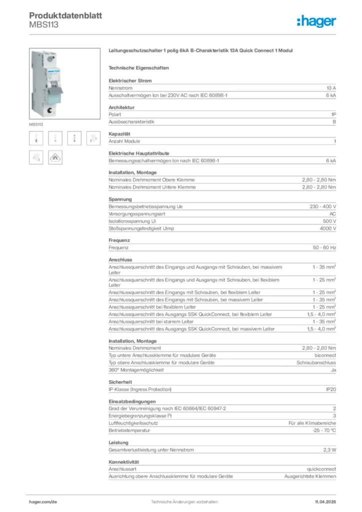 Bild Hager Produktdatenblatt MBS113 | Hager Deutschland