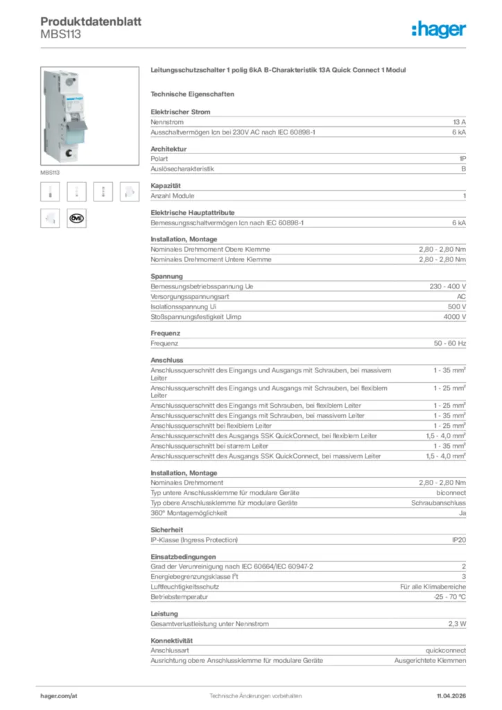 Bild Hager Produktdatenblatt MBS113 | Hager Deutschland