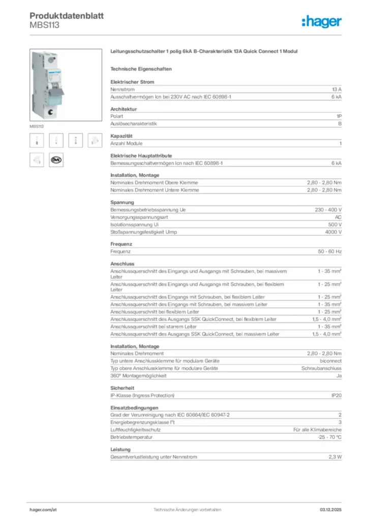 Bild Hager Produktdatenblatt MBS113 | Hager Deutschland