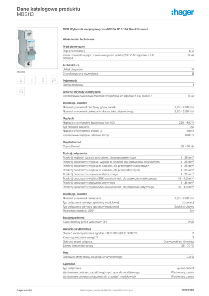 Zdjęcie Hager Karta katalogowa MBS113 | Hager Polska