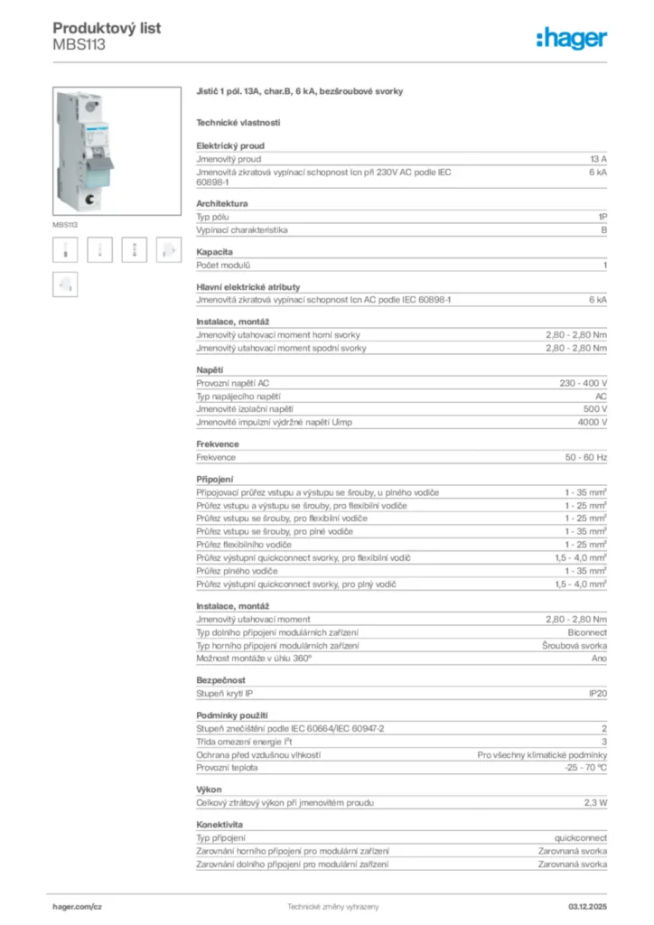 Obrázek Hager Product data sheet MBS113 | Hager