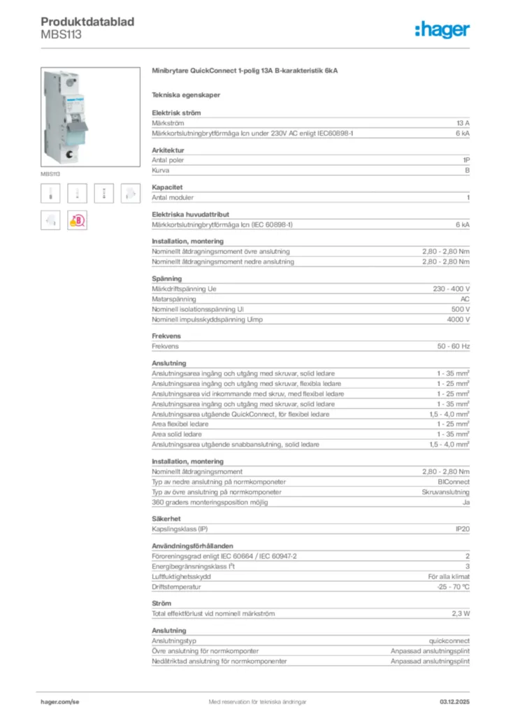Bild Hager Produktdatablad MBS113 | Hager Sverige