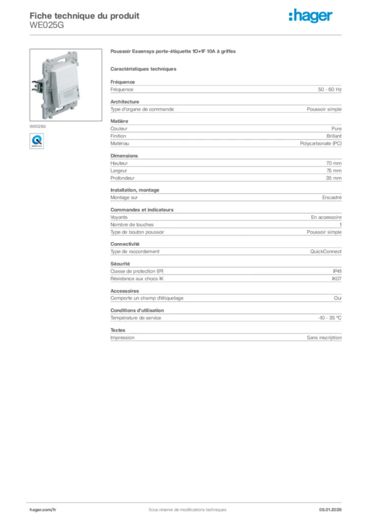 Image Hager Fiche technique du produit WE025G | Hager France