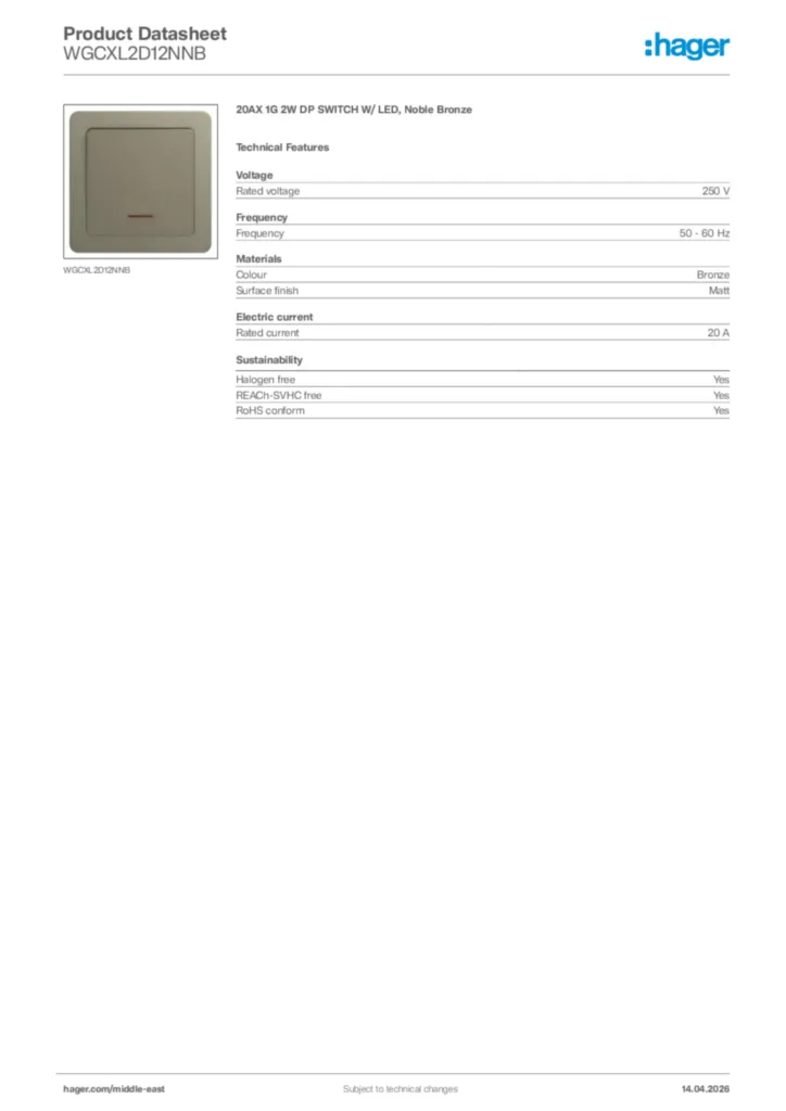 Image Hager Product data sheet WGCXL2D12NNB  | Hager