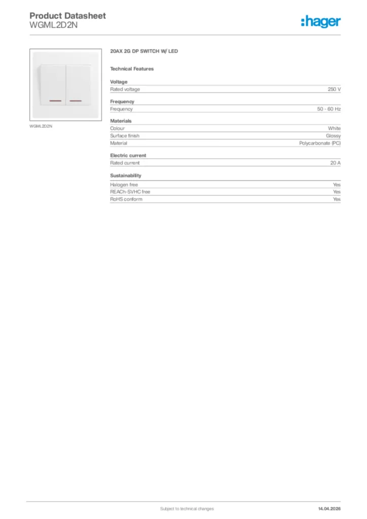 Image Hager Product data sheet WGML2D2N  | Hager Africa