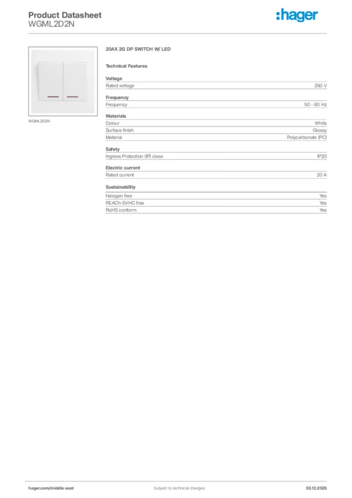 Image Hager Product data sheet WGML2D2N  | Hager
