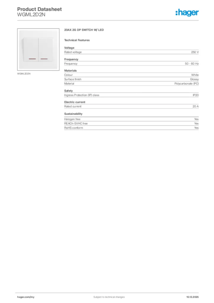 Image Hager Product data sheet WGML2D2N  | Hager