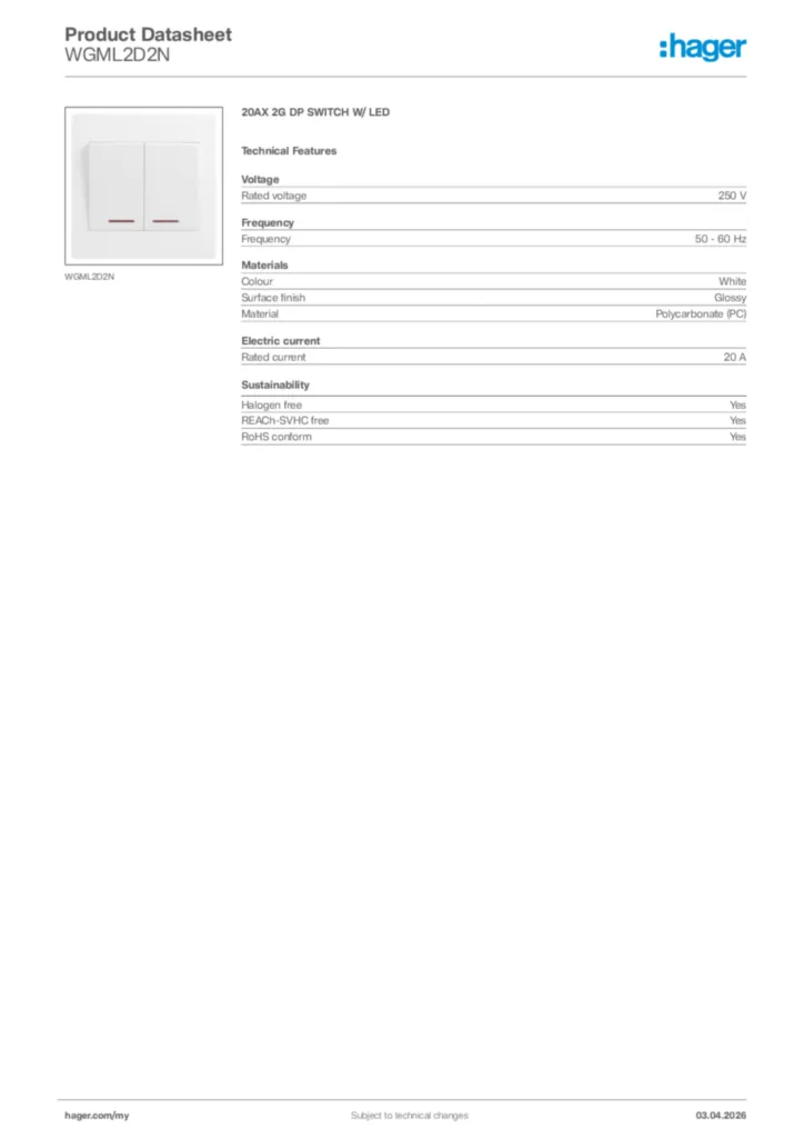 Image Hager Product data sheet WGML2D2N  | Hager