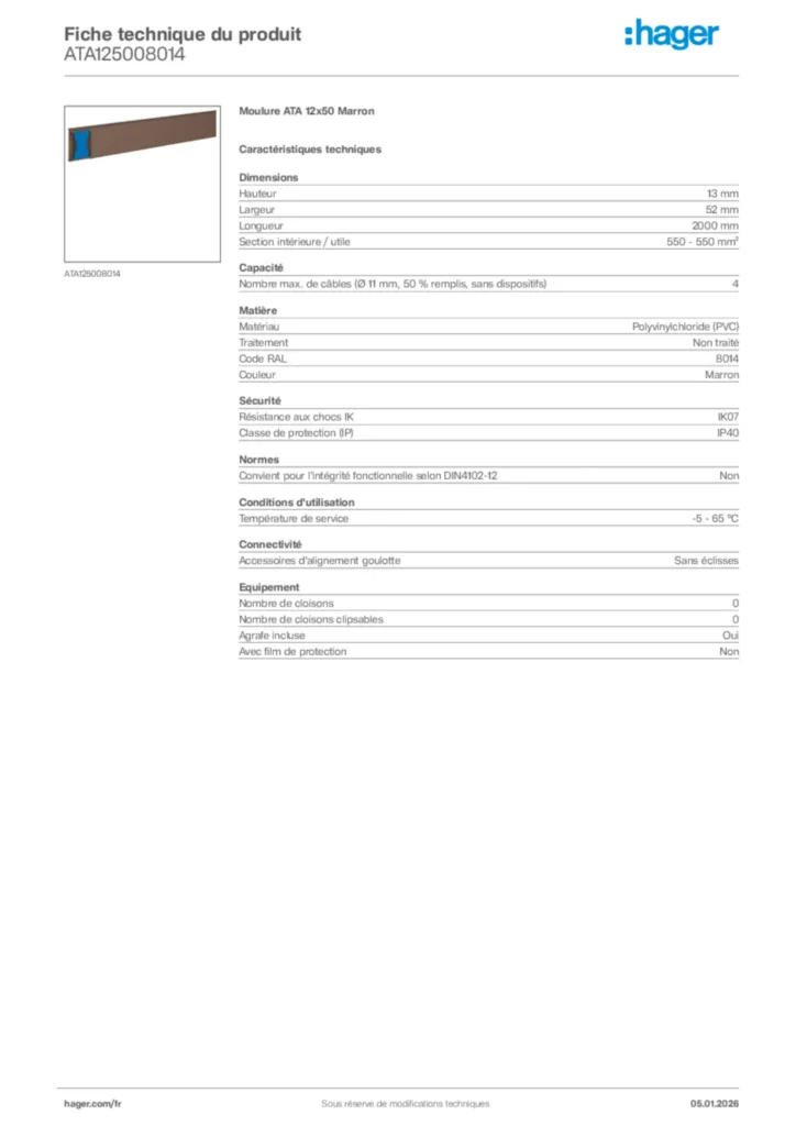 Image Hager Fiche technique du produit ATA125008014 | Hager France