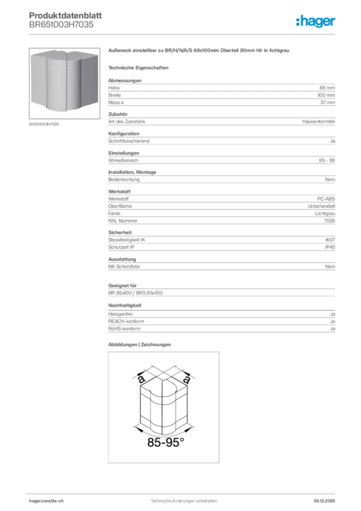 Bild Hager Produktdatenblatt BR651003H7035 | Hager Schweiz