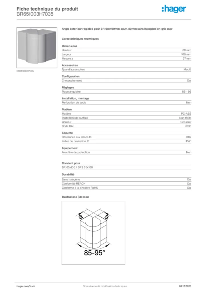 Image Hager Fiche technique du produit BR651003H7035 | Hager Suisse