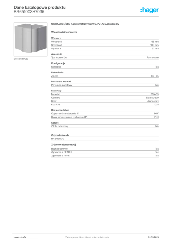 Zdjęcie Hager Dane katalogowe produktu BR651003H7035 | Hager Polska