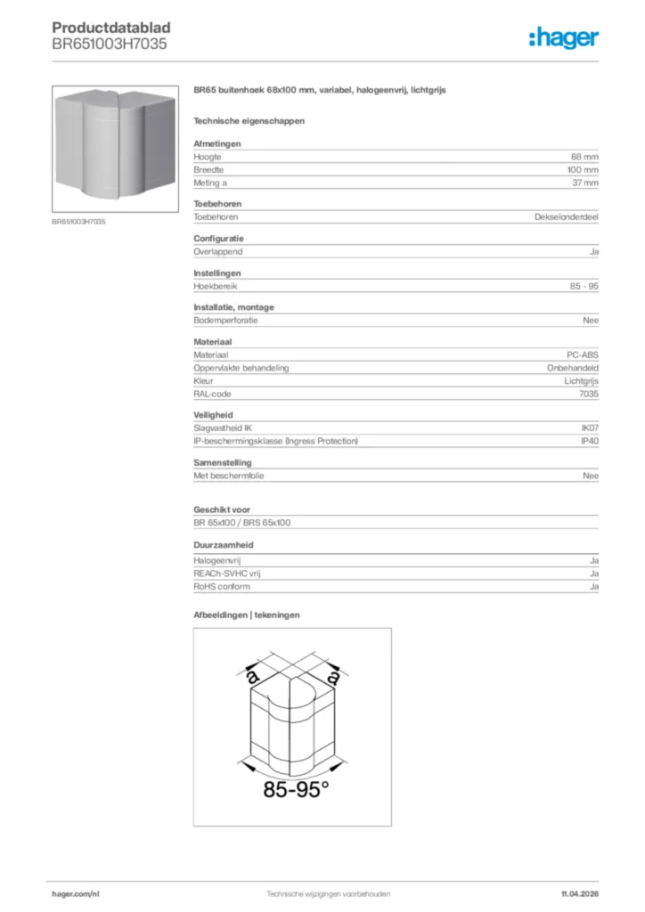 Afbeelding Hager Productdatablad BR651003H7035 | Hager Nederland