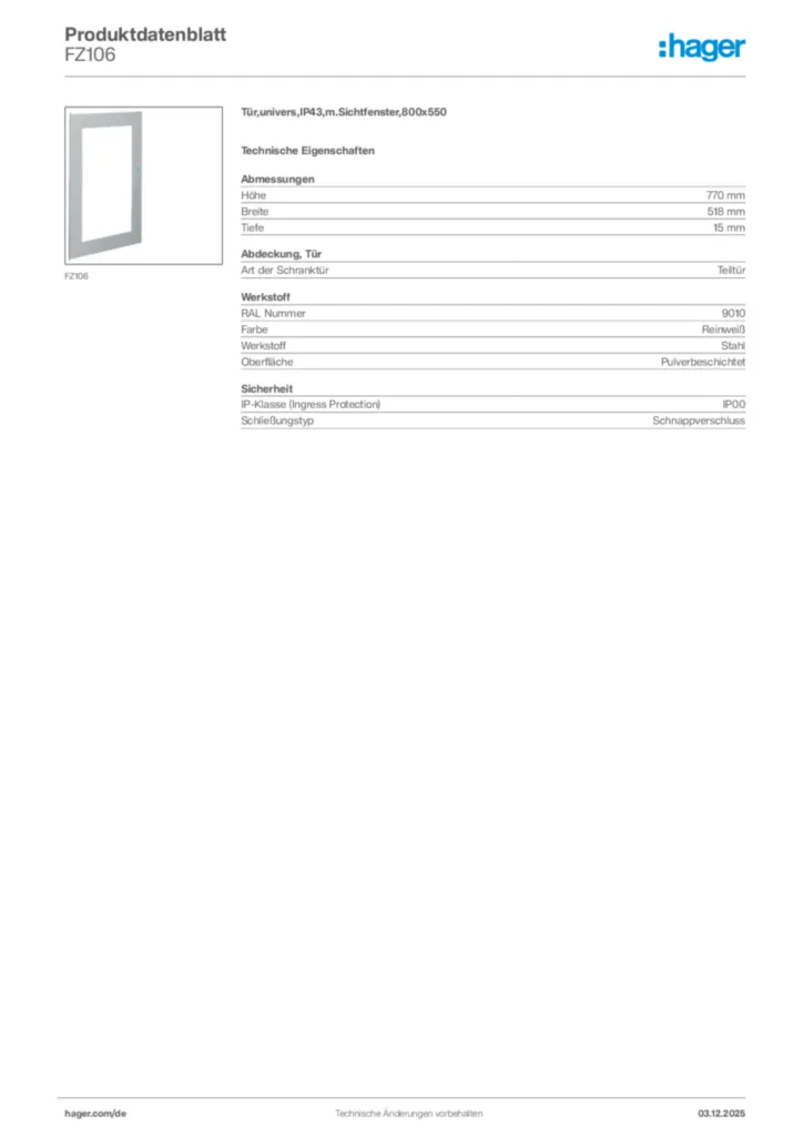 Bild Hager Produktdatenblatt FZ106 | Hager Deutschland