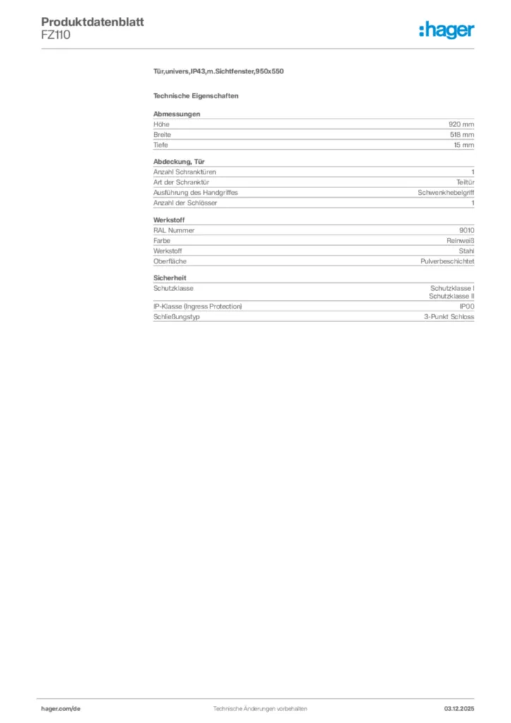 Bild Hager Produktdatenblatt FZ110 | Hager Deutschland