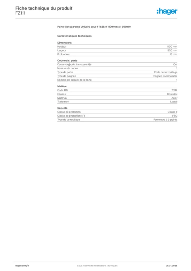 Image Hager Fiche technique du produit FZ111 | Hager France