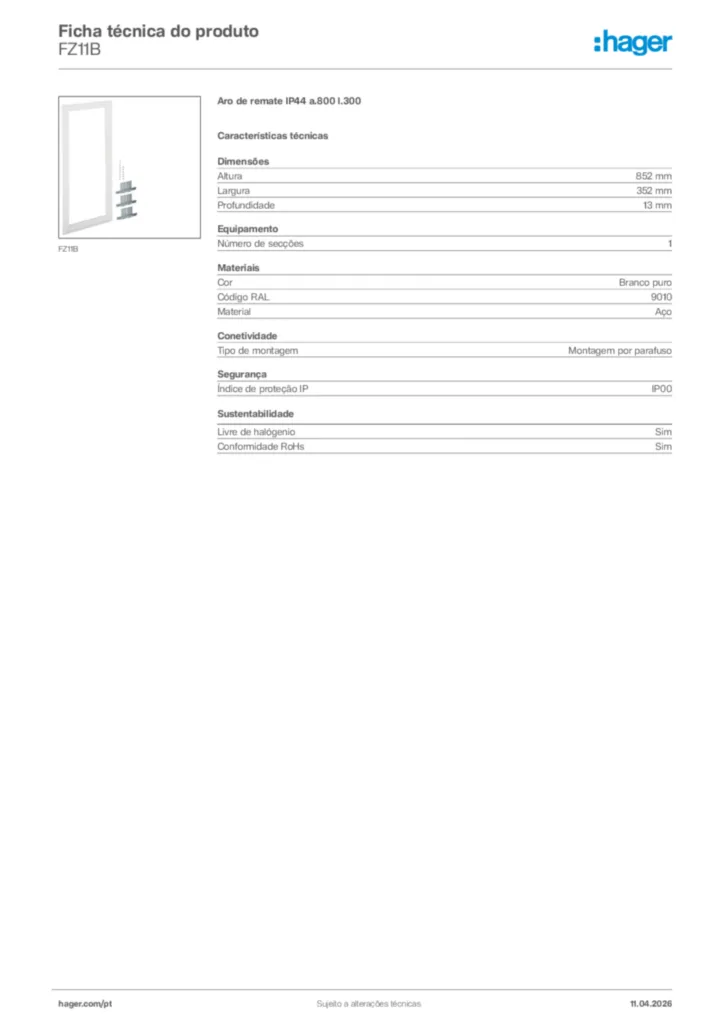 Imagem Hager Ficha técnica do produto FZ11B | Hager Portugal
