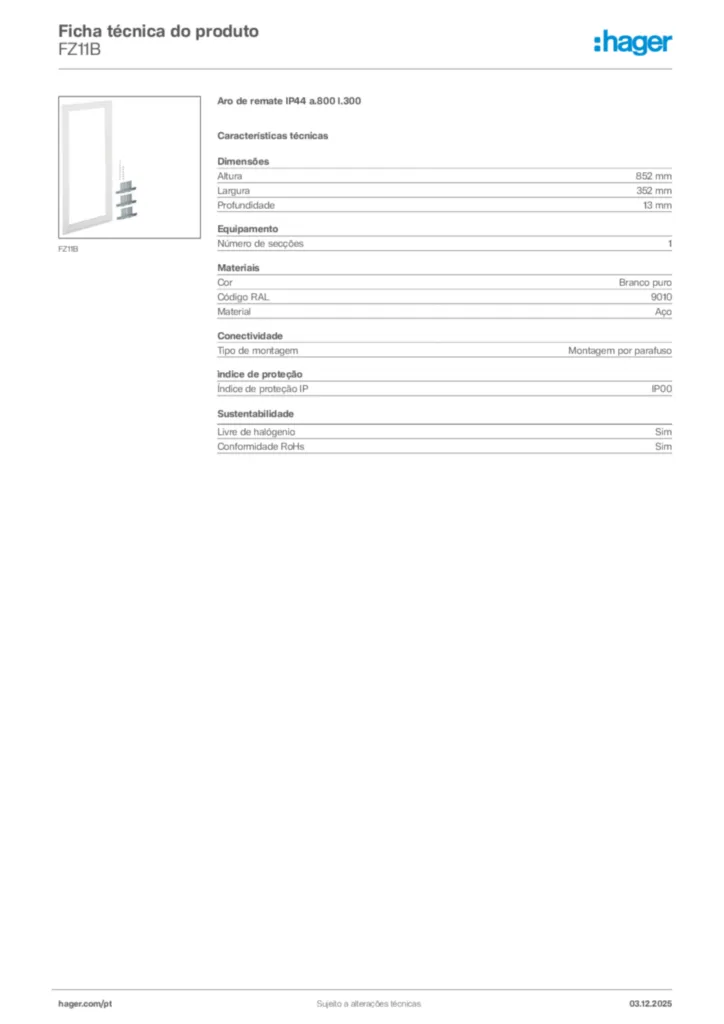 Imagem Hager Ficha técnica do produto FZ11B | Hager Portugal