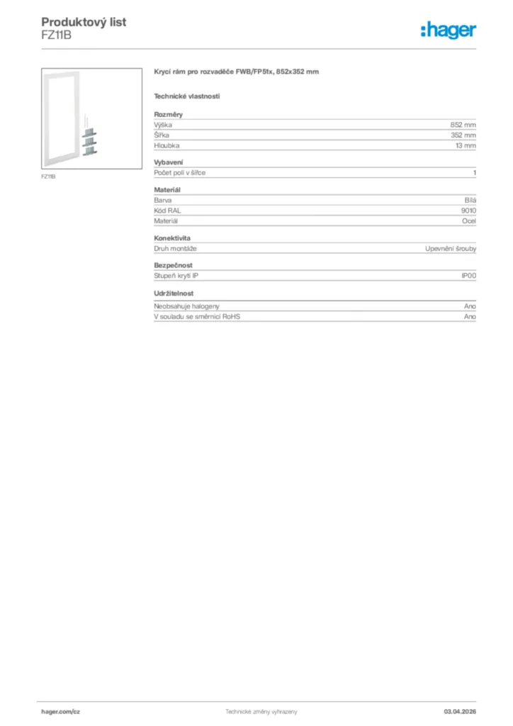Obrázek Hager Product data sheet FZ11B | Hager