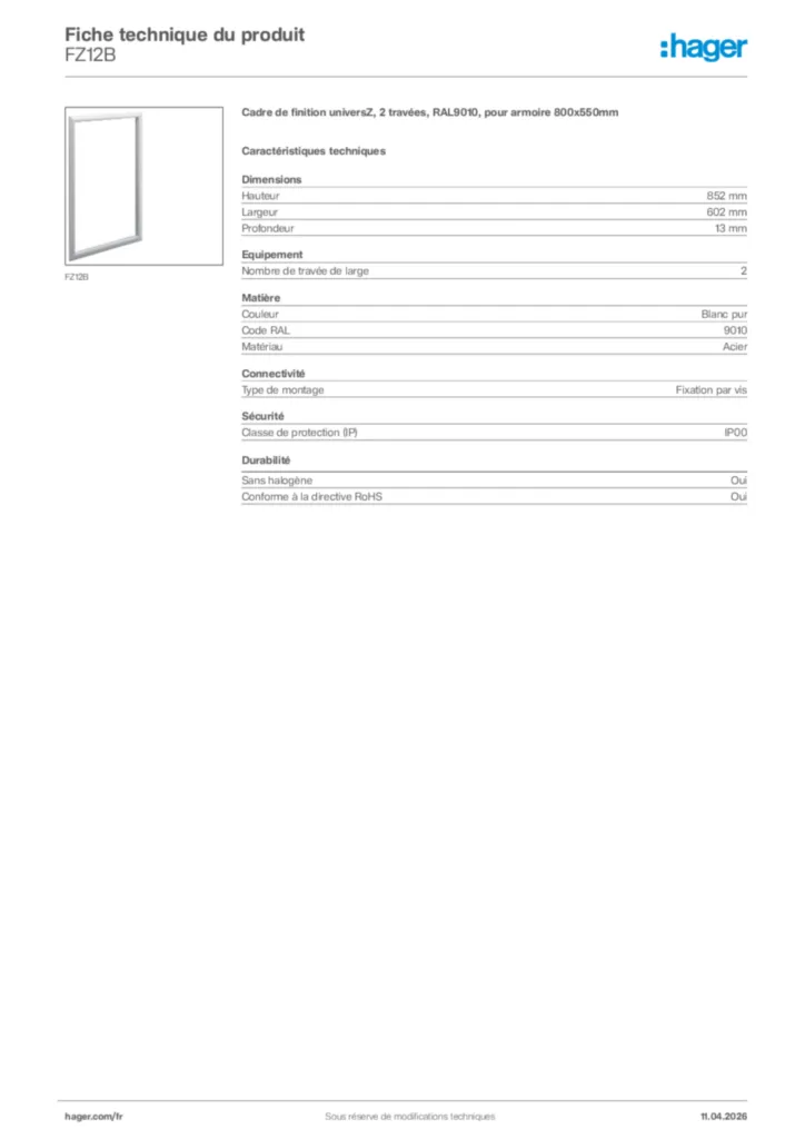 Image Hager Fiche technique du produit FZ12B | Hager France