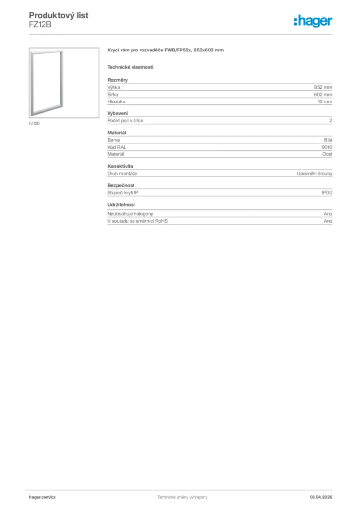 Obrázek Hager Product data sheet FZ12B | Hager