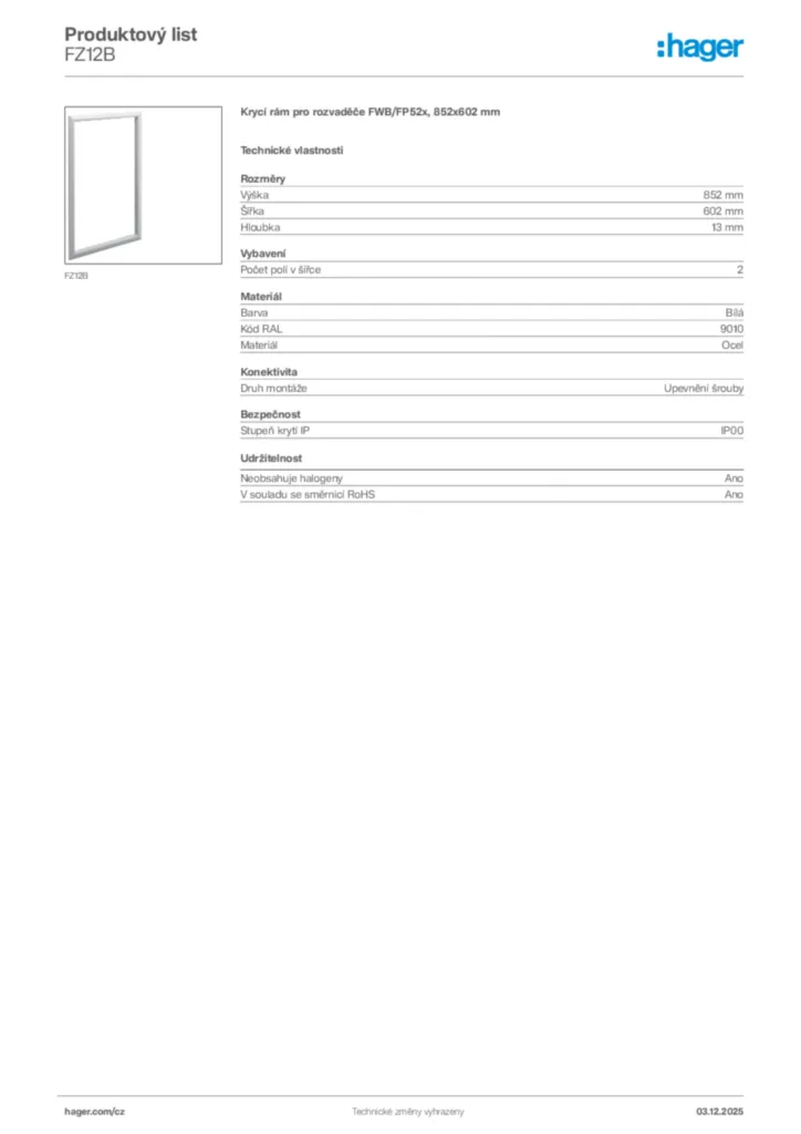 Obrázek Hager Product data sheet FZ12B | Hager