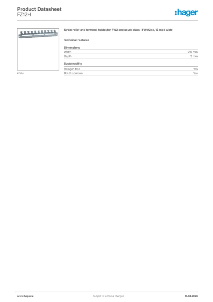 Image Hager Product data sheet FZ12H  | Hager