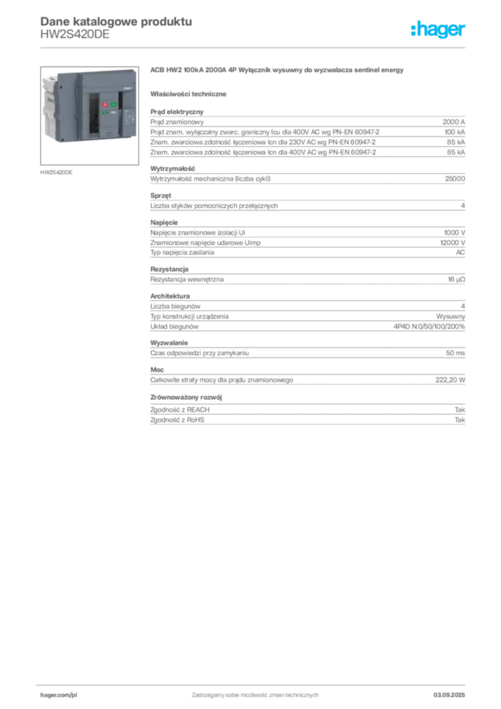 Zdjęcie Hager Dane katalogowe produktu HW2S420DE | Hager Polska