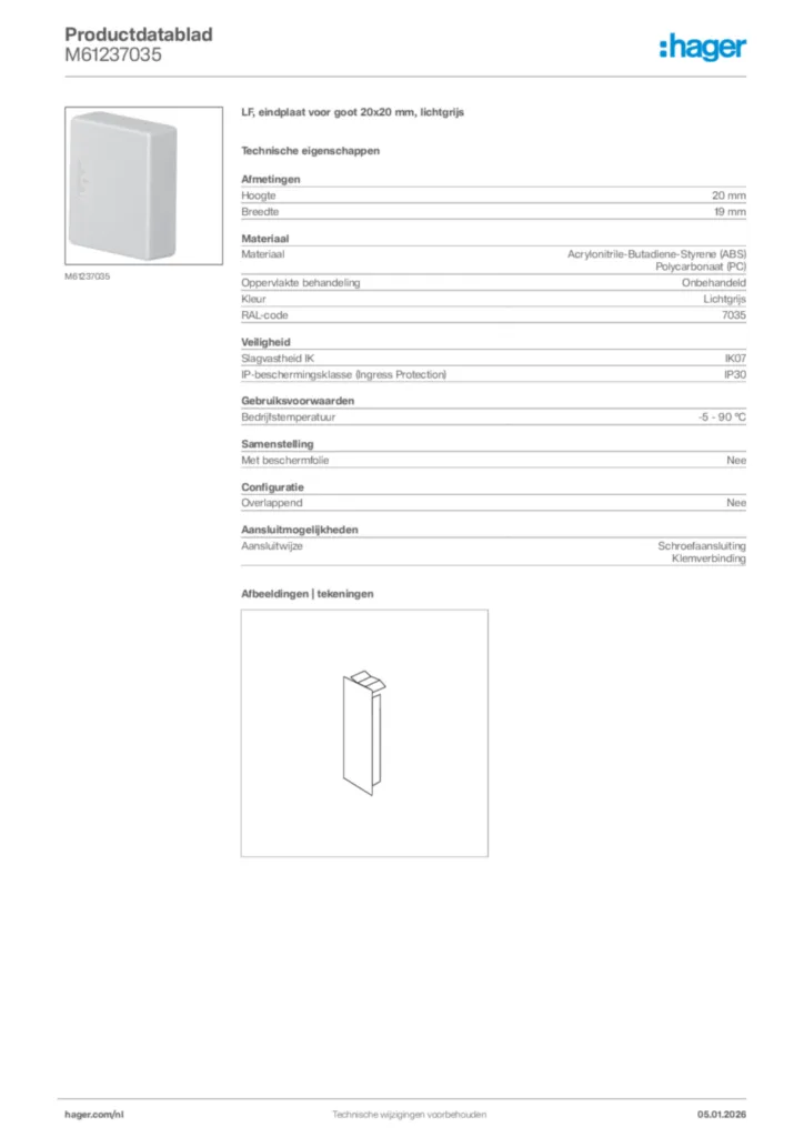 Afbeelding Hager Productdatablad M61237035 | Hager Nederland