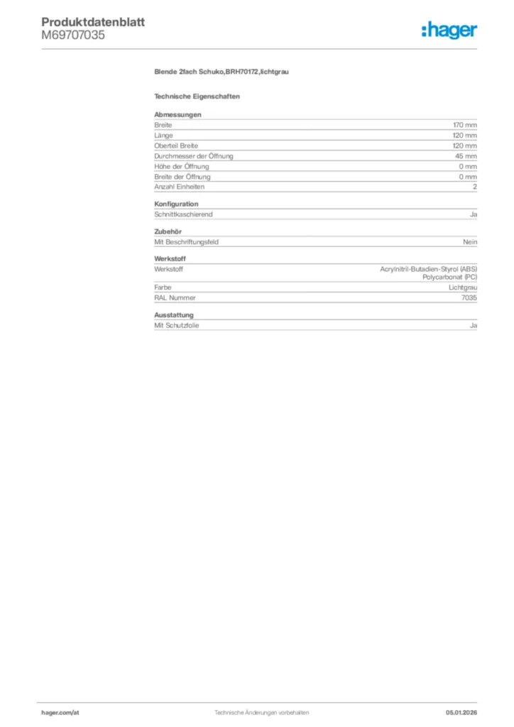 Bild Hager Produktdatenblatt M69707035 | Hager Deutschland