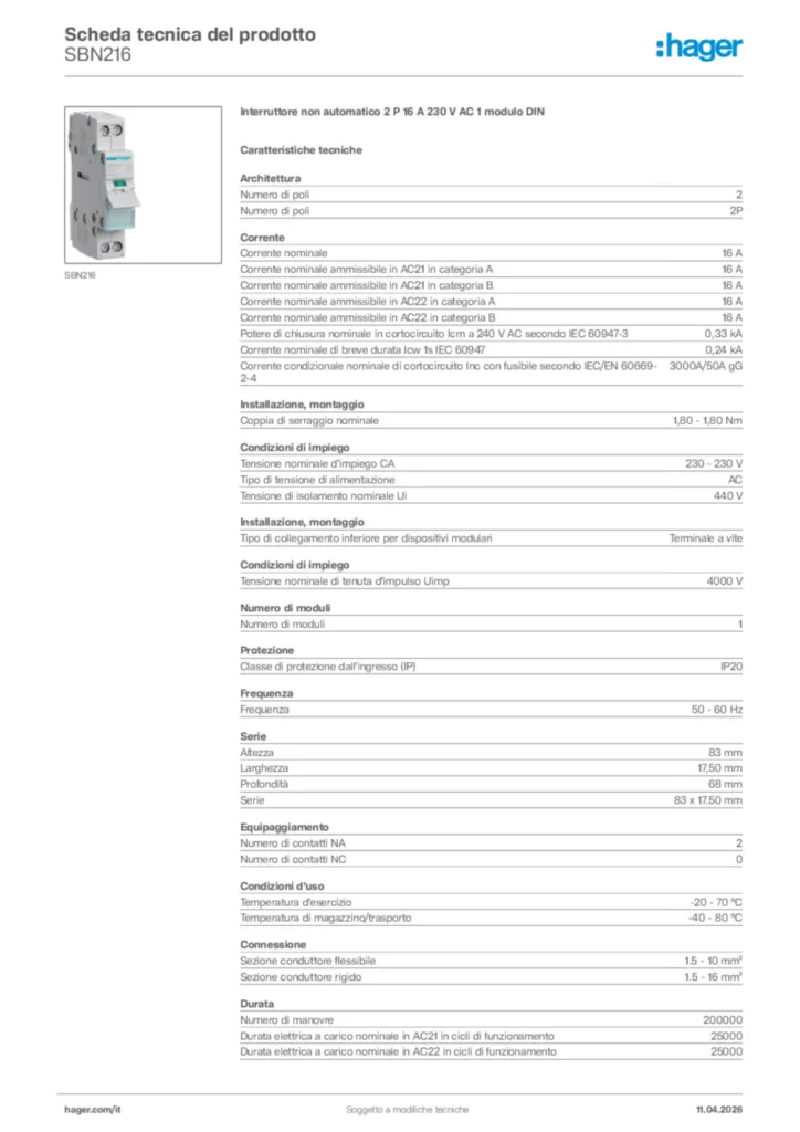 Immagine Hager Scheda tecnica del prodotto SBN216 | Hager Italia