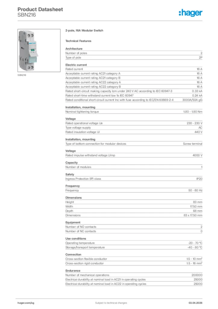 Image Hager Product data sheet SBN216  | Hager