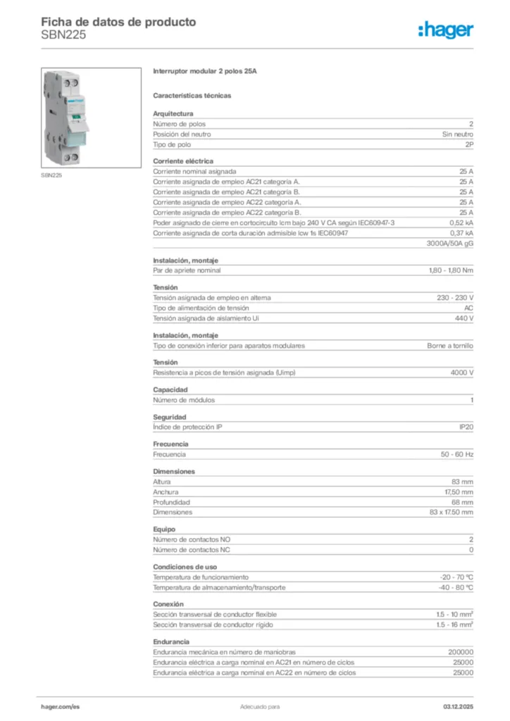 Imagen Hager Ficha de datos de producto SBN225 | Hager España