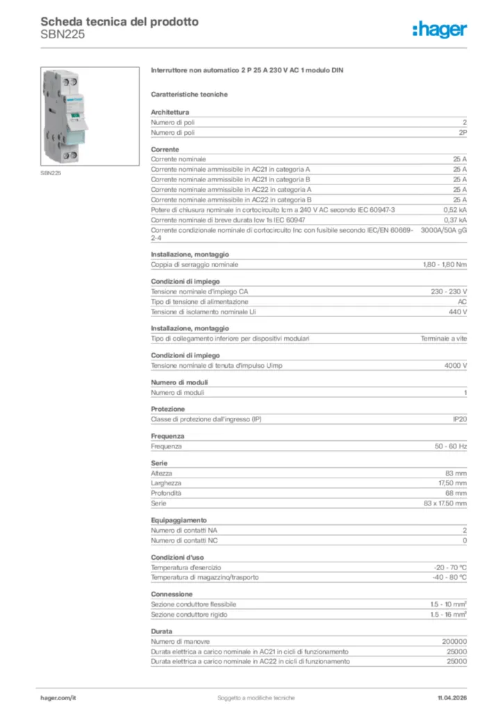 Immagine Hager Scheda tecnica del prodotto SBN225 | Hager Italia