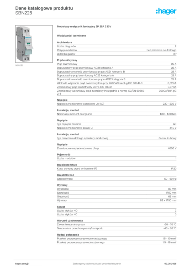 Zdjęcie Hager Dane katalogowe produktu SBN225 | Hager Polska