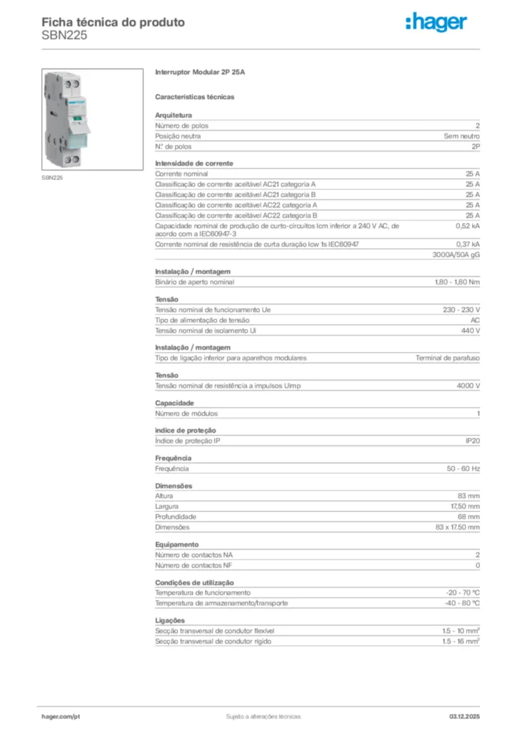 Imagem Hager Ficha técnica do produto SBN225 | Hager Portugal